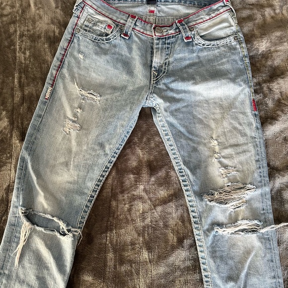 True Religion Light Blue Straight Leg Jeans with Red Stitching - Picture 2 of 3